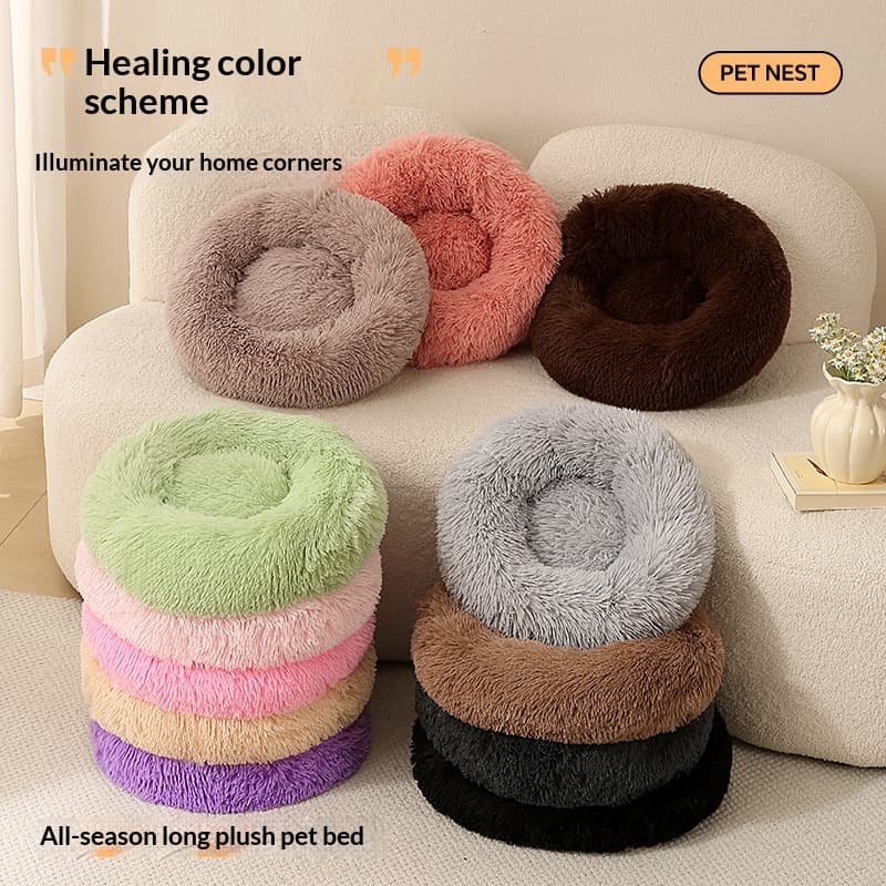 Cama Redonda de Peluche Abrigada para Perros y Gatos